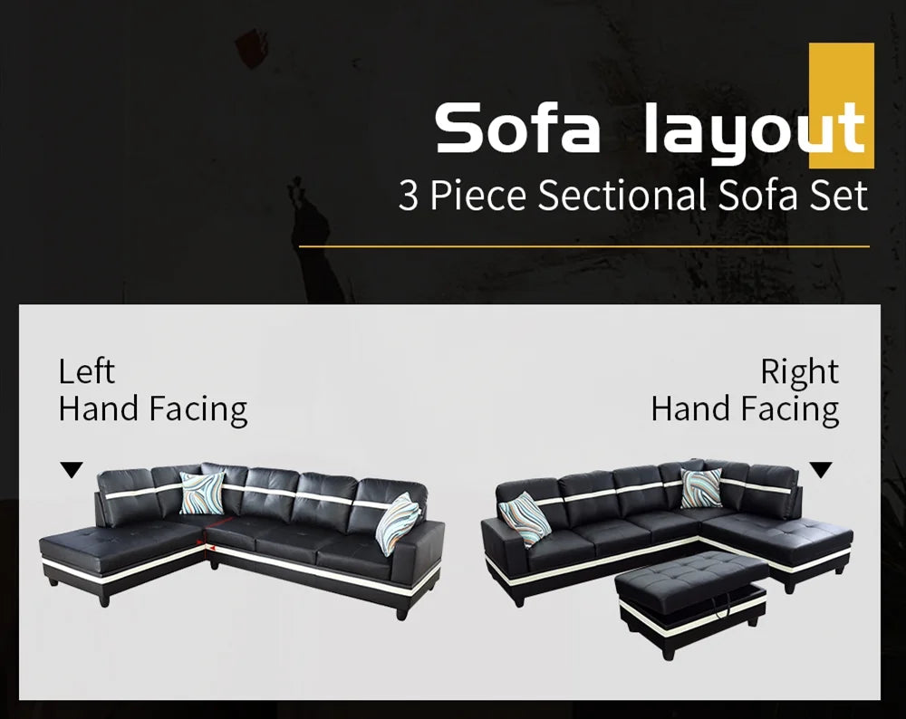 Black & White Faux Leather Sectional with Ottoman Left Hand Facing F128