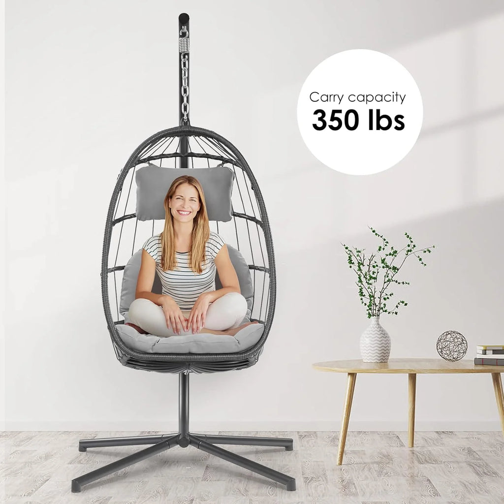 Egg Swing Chair with Bracket Outdoor Rattan Wicker Basket Hammock Chair with Aluminium Steel Frame and UV Cushion N777027