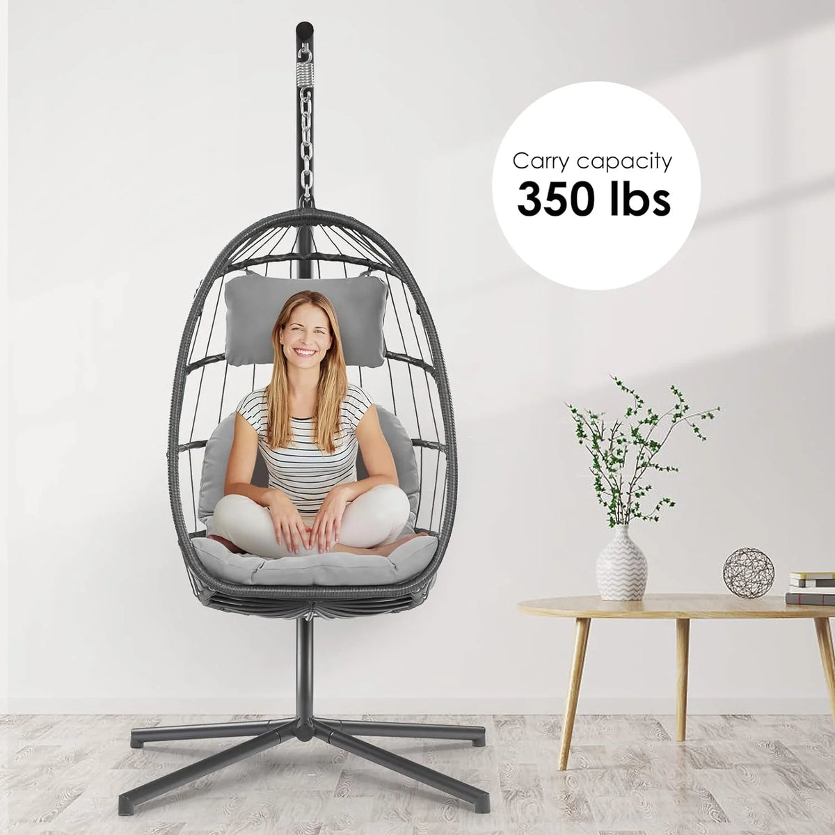 Egg Swing Chair with Bracket Outdoor Rattan Wicker Basket Hammock Chair with Aluminium Steel Frame and UV Cushion N777027