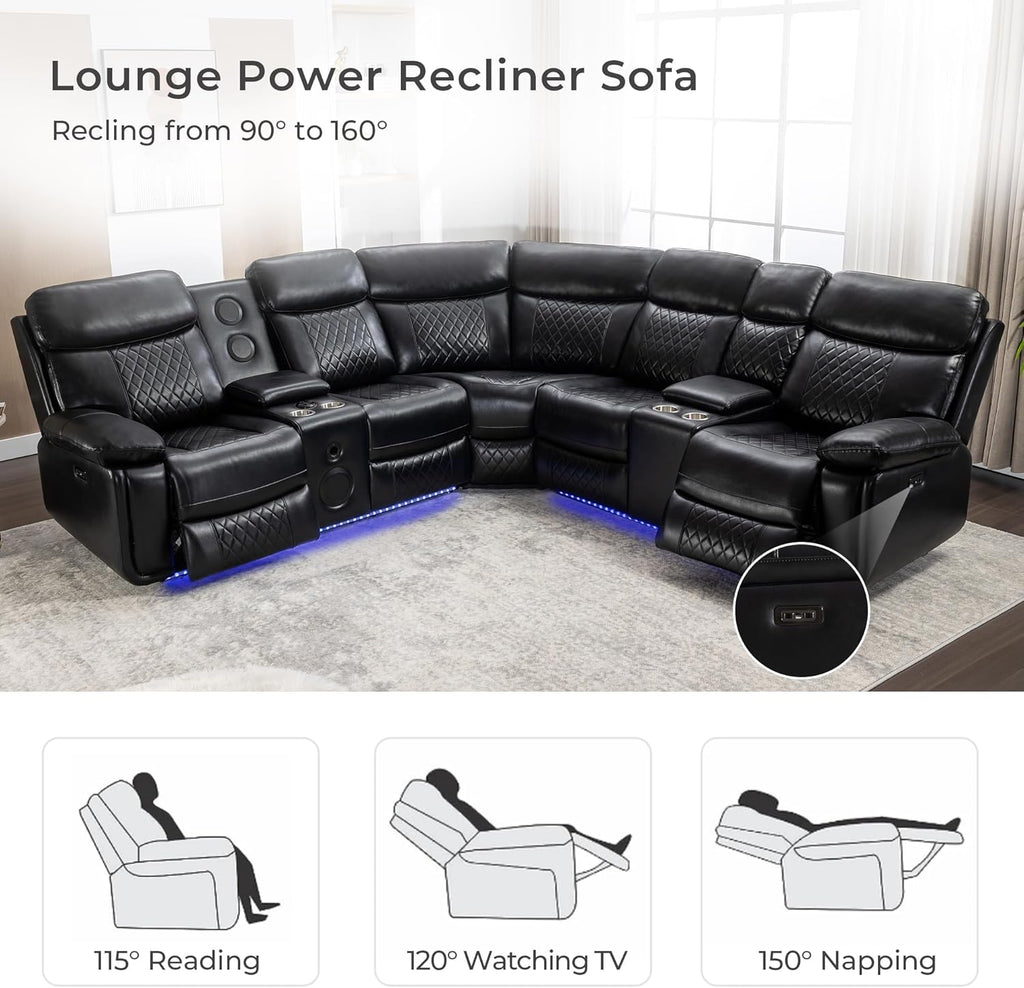 Black Faux Leather Power Reclining L-Shape Sectional Sofa O1100