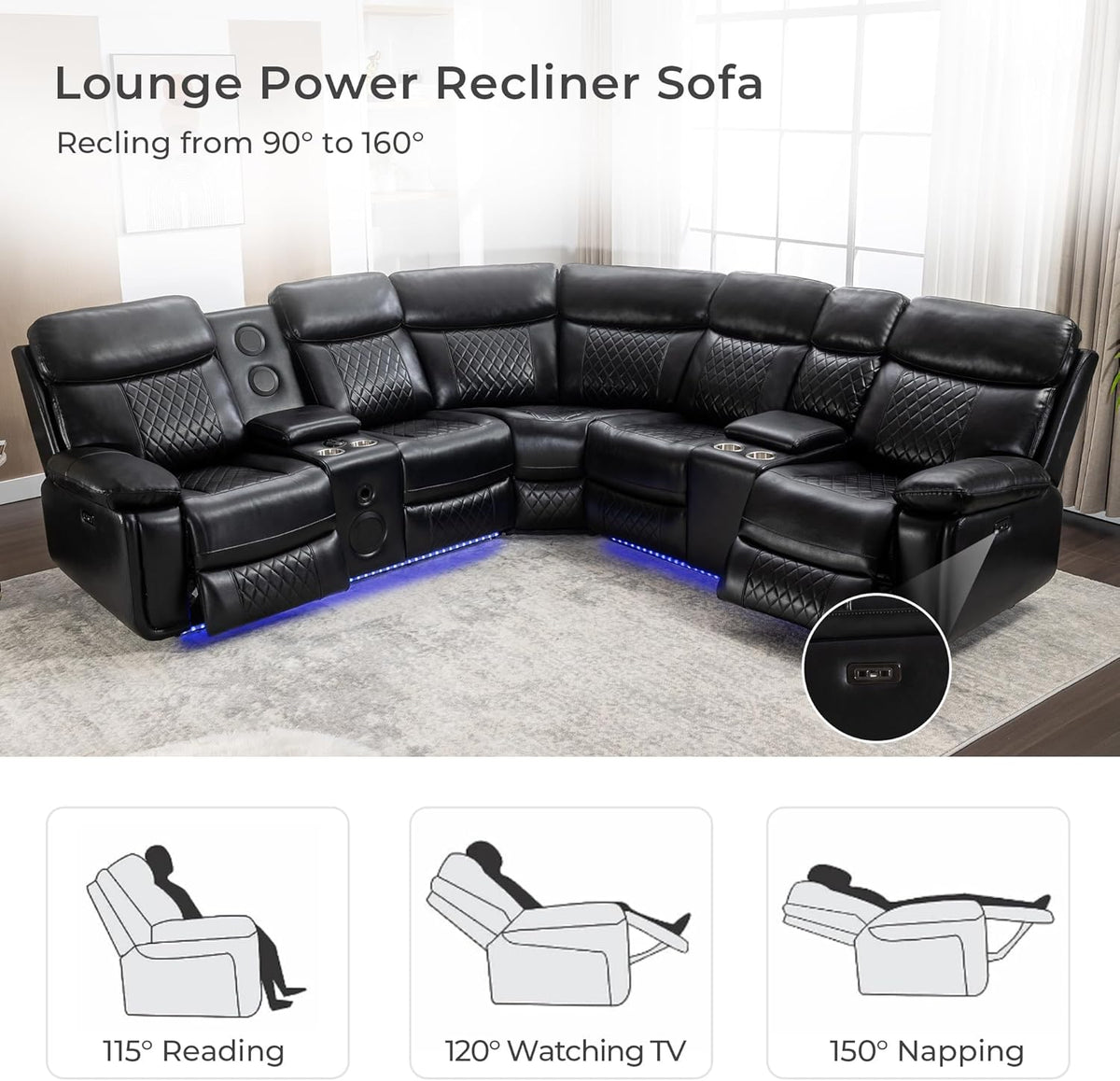 Black Faux Leather Power Reclining L-Shape Sectional Sofa O1100