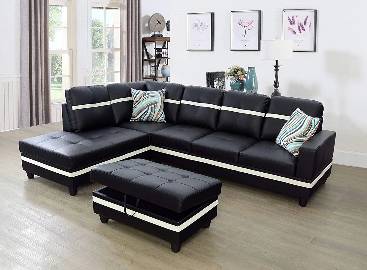 Black & White Faux Leather Sectional with Ottoman Left Hand Facing F128