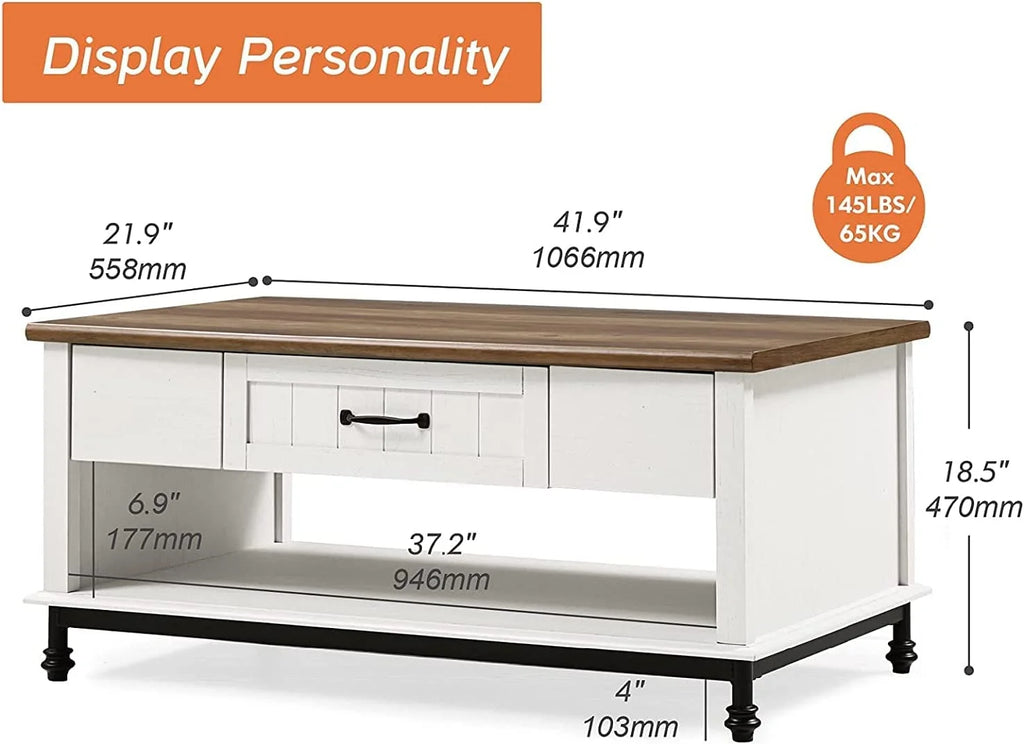 White Coffee Table with 1 Drawer and Storage Shelf J497859