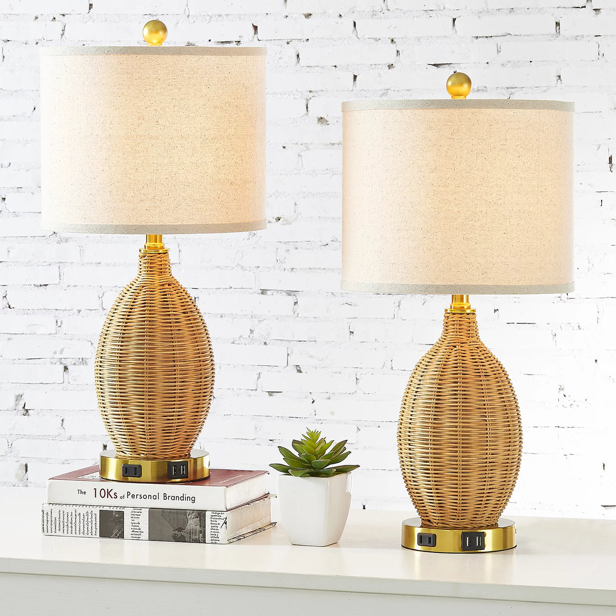 Brown Rattan Table Lamps Set of 2 with USB Port E137