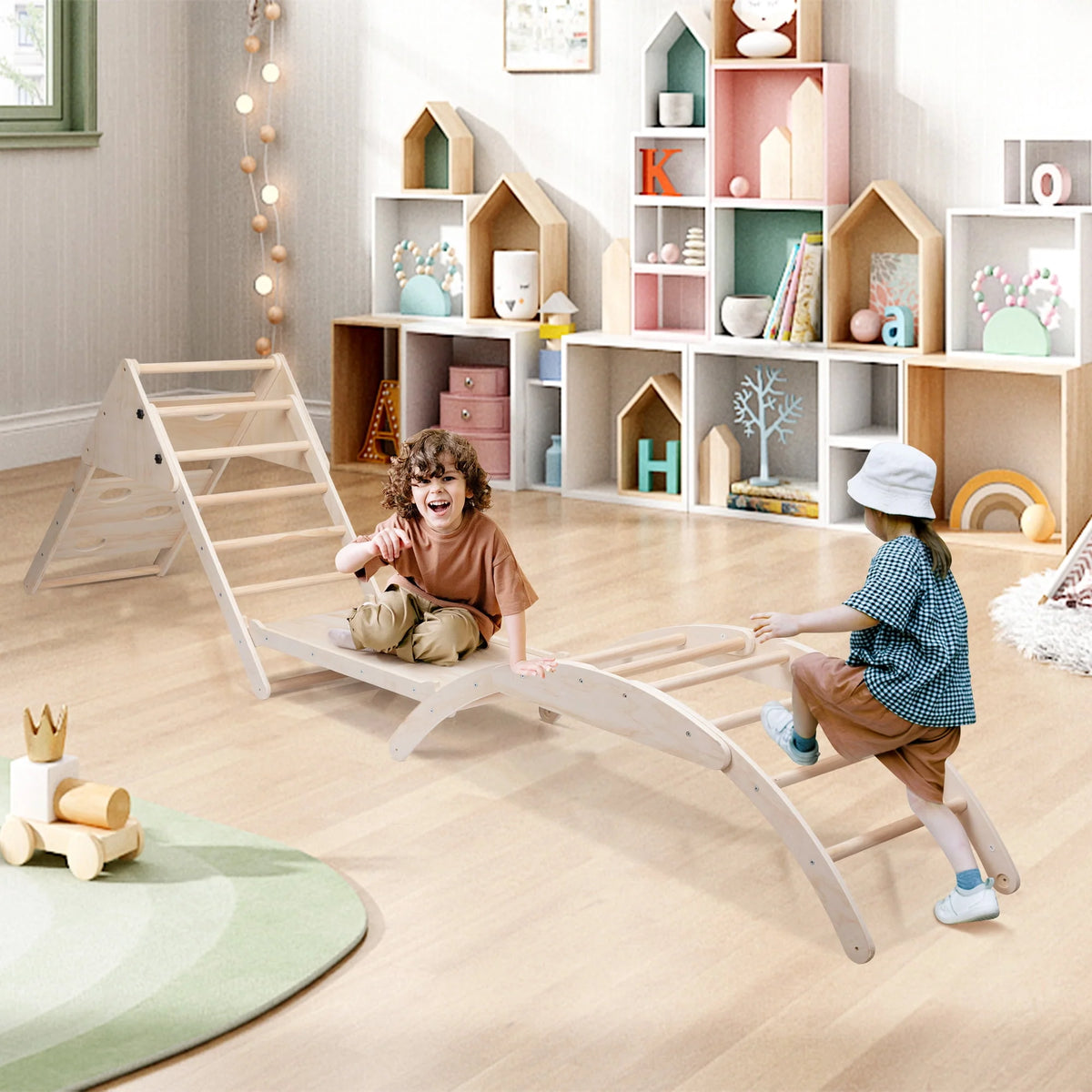 Foldable Wooden Climbing Triangle Ladder with Ramp U4926