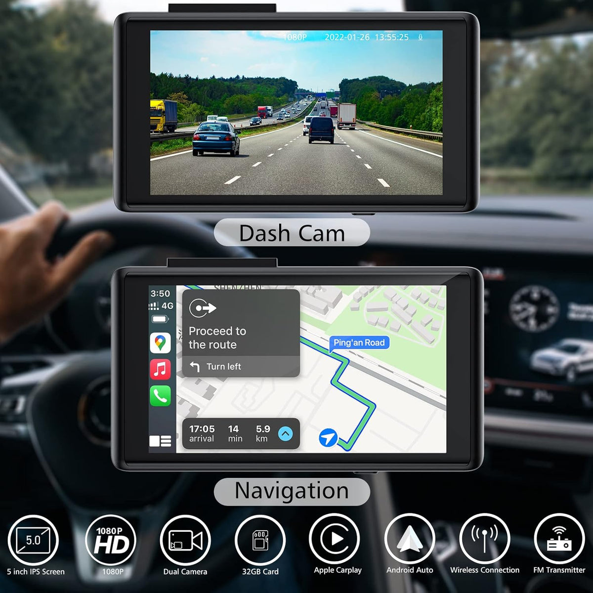Dash Cam with Navigation, 1080P Front and Rear Cameras, 5 Touchscreen P614626