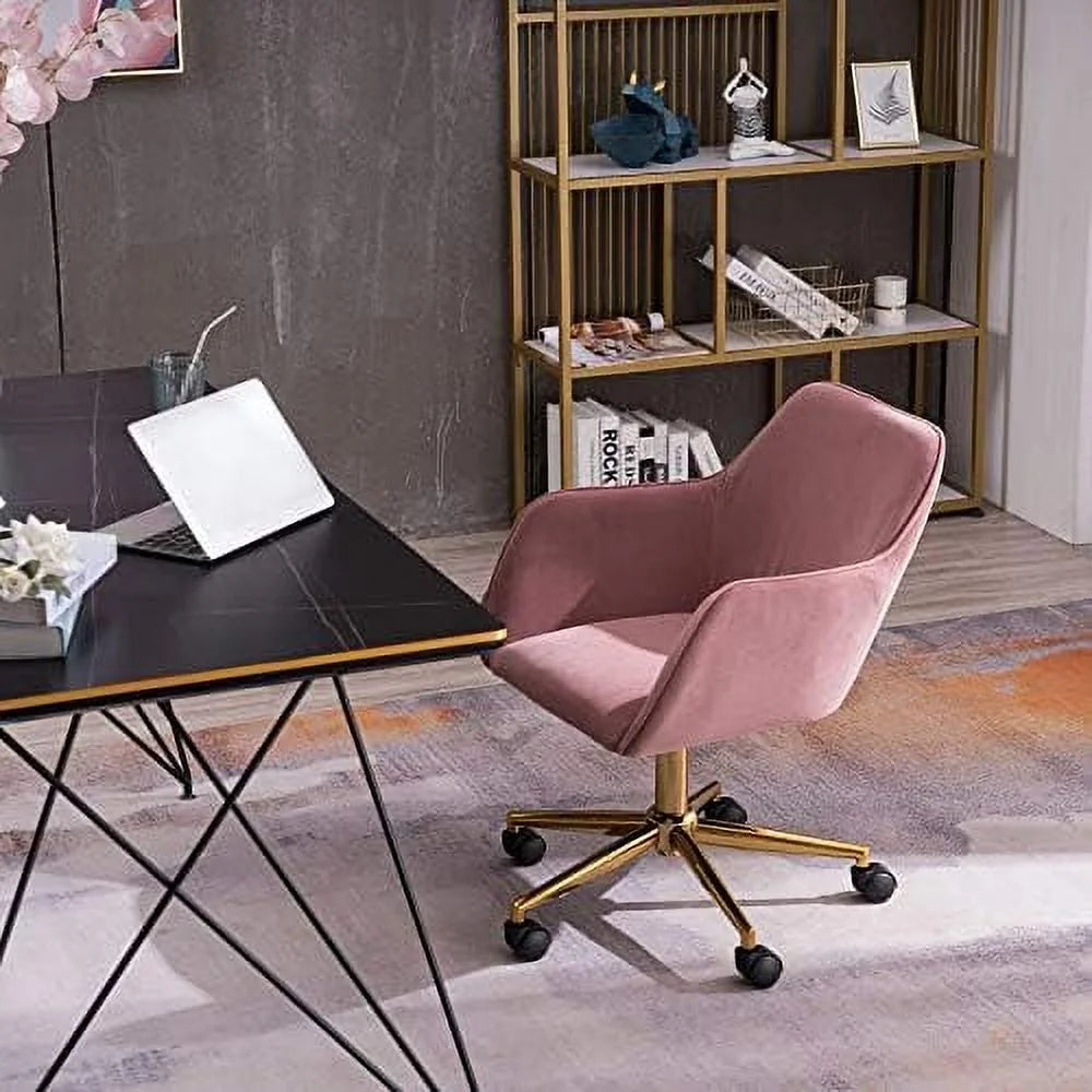 Velvet Yellow Adjustable Height Revolving Office Chair with Gold Metal Legs H916
