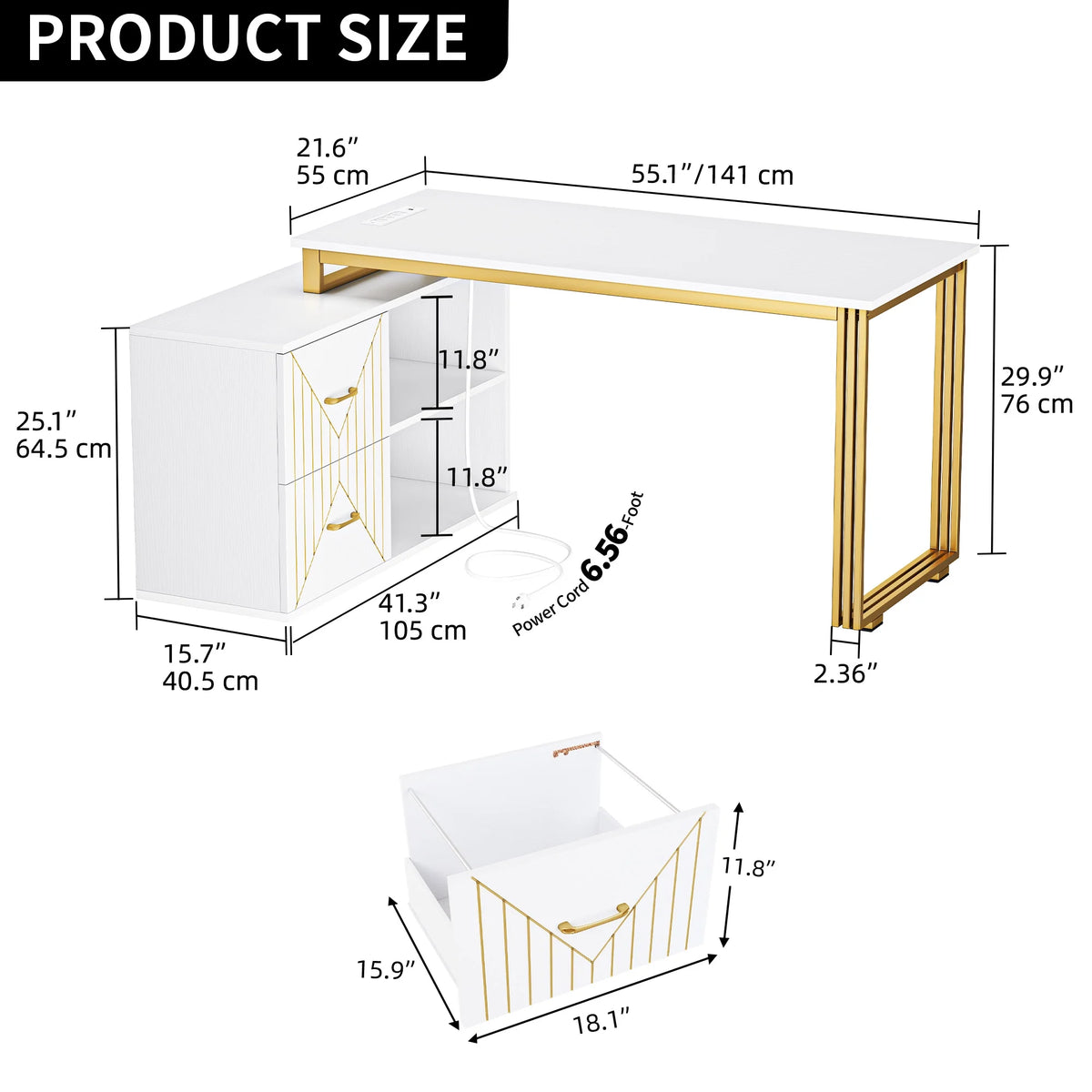 White 55 Inch L Shaped Corner Desk with Drawers and Storage Shelves L8875