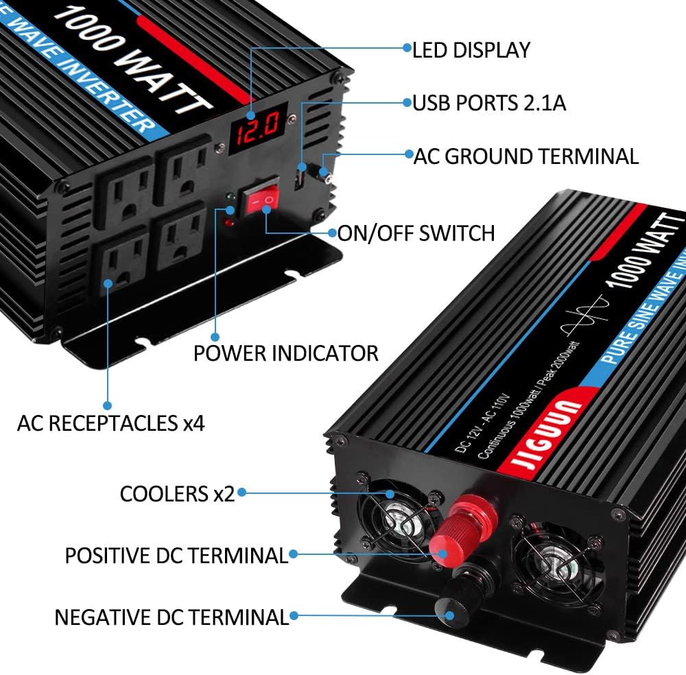 1000 Watt Pure Sine Wave Power Inverter DC 12V to AC 110V Converter F13545