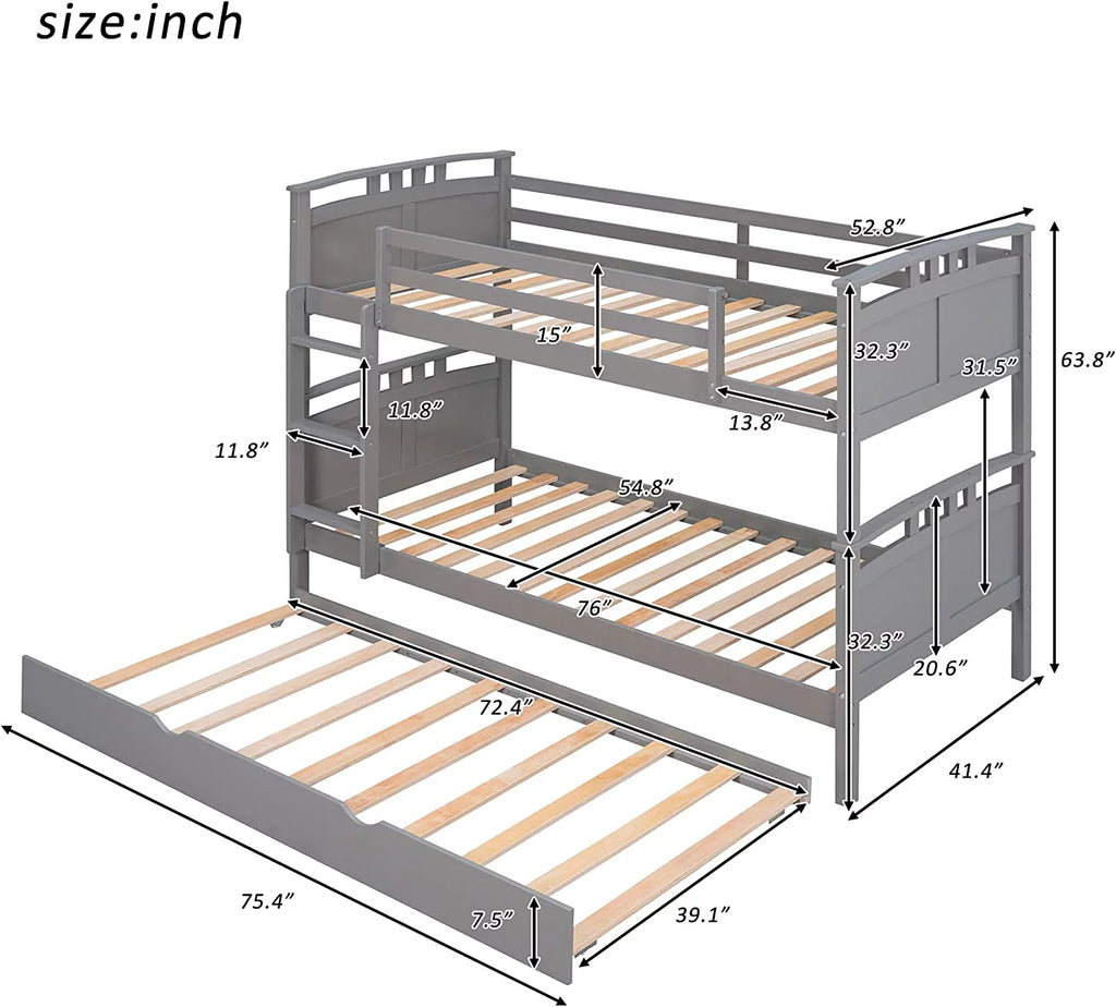 Grey Wooden Bunk Bed with Trundle L612076