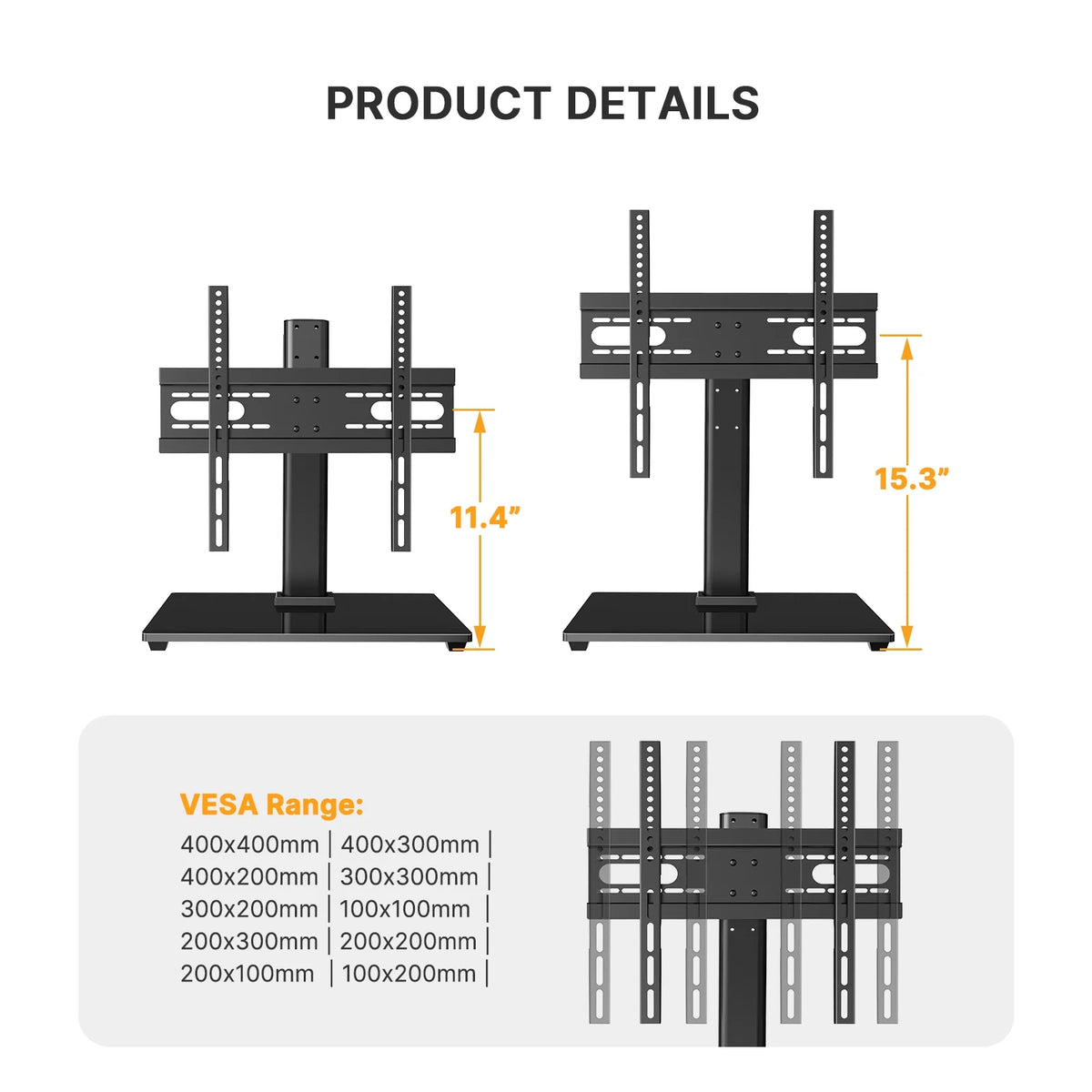 Universal TV Stand for 32-55 Inch TVs Height Adjustable Tempered Glass Base O195