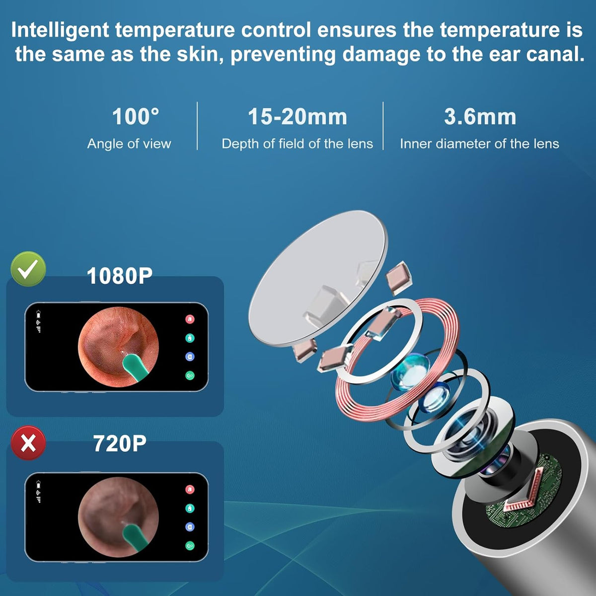 Ear Wax Removal Tool Camera with 8 Pcs Ear Set, 1080P HD Otoscope Camera and 6 LED Lights L395