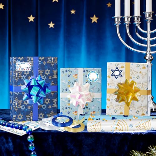 30 Pcs Hanukkah Wrapping Paper Gift Tags Bows Ribbon R51517