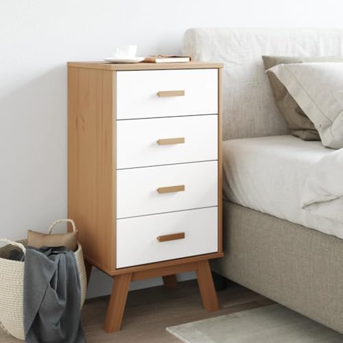 White and Brown Solid Wood Bedside Cabinet with Drawers R7147