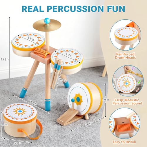 Wooden Kids Drum Kit with Cymbal, Pedal Bass Drum & 2 Drumsticks E691