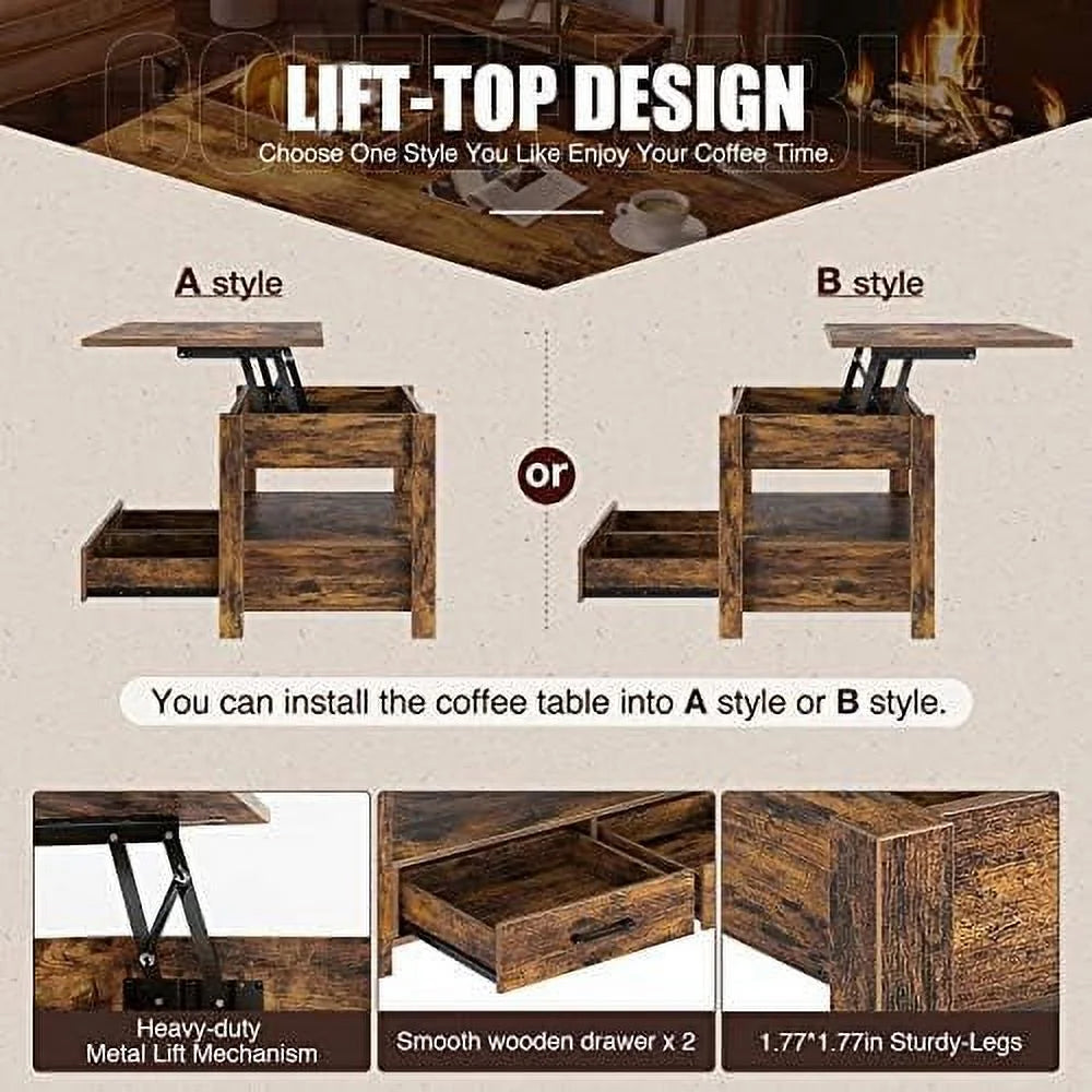 Lift Top Coffee Table with Drawers and Hidden Compartment Black R956