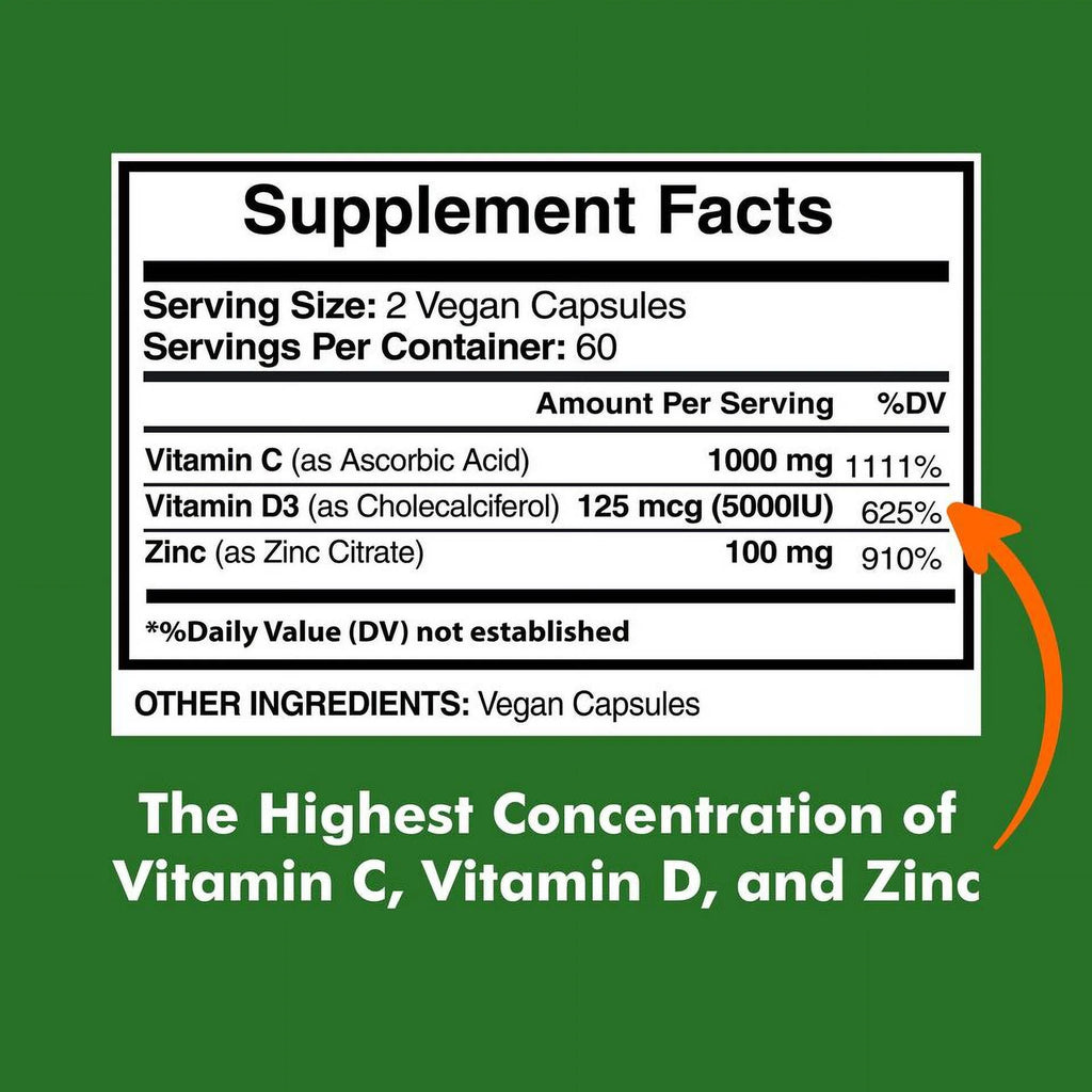 Zinc 100mg Vitamin C 1000mg Vitamin D 5000IU 120 Capsules Z7977