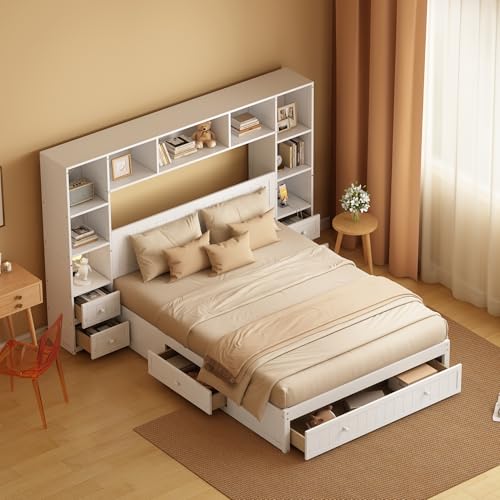 White Full Size Wood Platform Bed with Bookcase Headboard and Drawers F104152