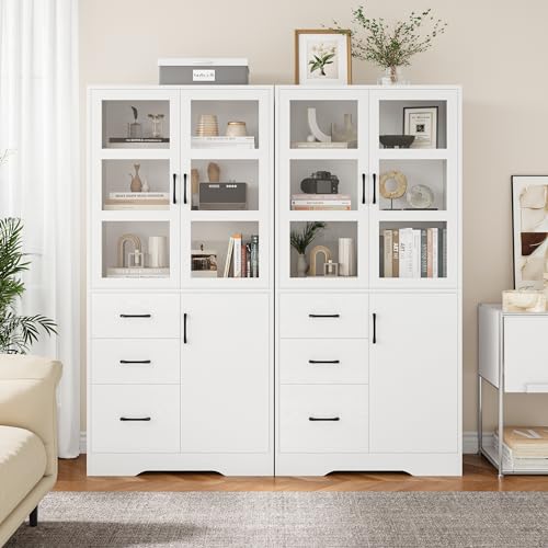 Black Tall Bookshelves with Glass Doors and 3 Drawers P848