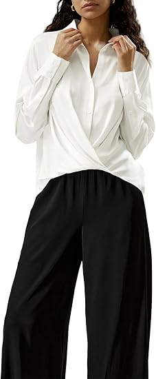 Silk Button Down Shirts Long Sleeve Twist Front Satin Blouse Tops W127753