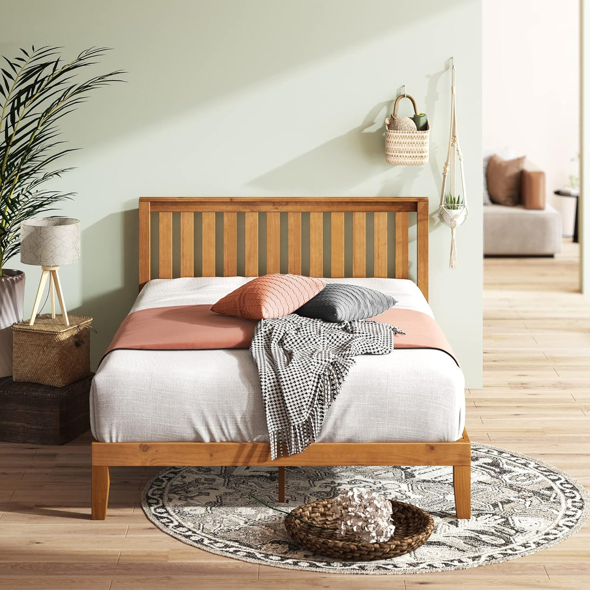 Rustic Pine Twin Wood Platform Bed Frame with Headboard D1994