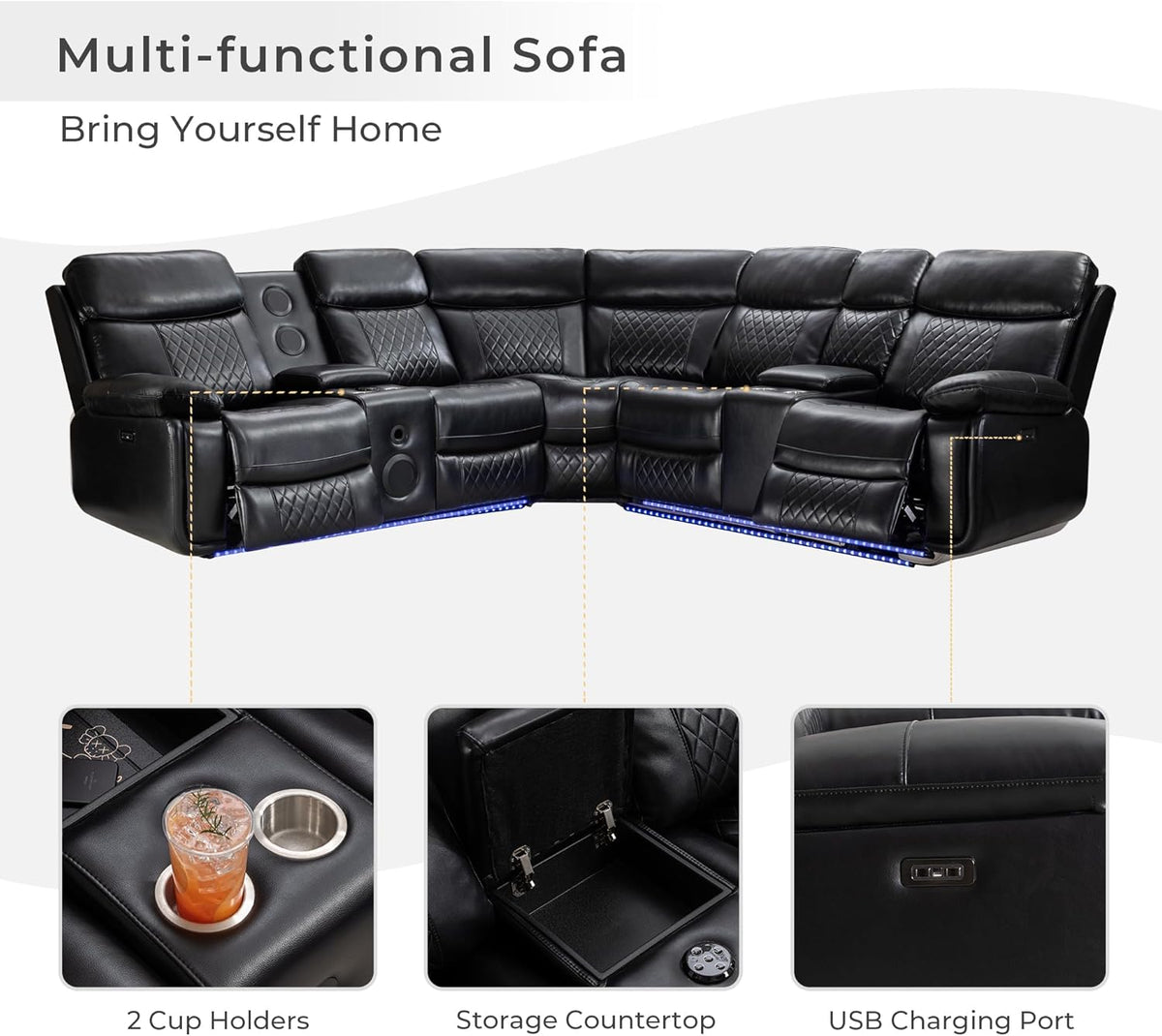 Black Faux Leather Power Reclining L-Shape Sectional Sofa O1100