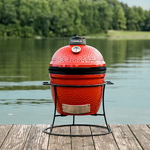 13.5-inch Portable Ceramic Charcoal Grill with Grill Stand, Stainless Steel Cooking Grate, Heat Deflectors and Ash Tool in Red U911