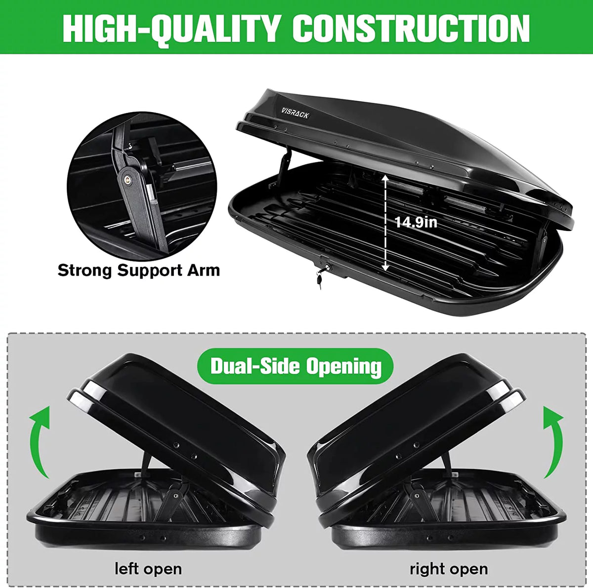 Large Hard Shell Rooftop Cargo Box, 62 x 31 x 15 Inches, 15 Cubic Feet, Black J962