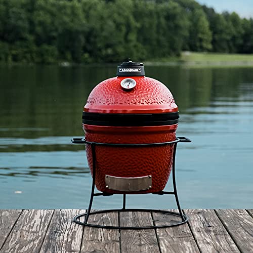 13.5-inch Portable Ceramic Charcoal Grill with Grill Stand, Stainless Steel Cooking Grate, Heat Deflectors and Ash Tool in Red U911