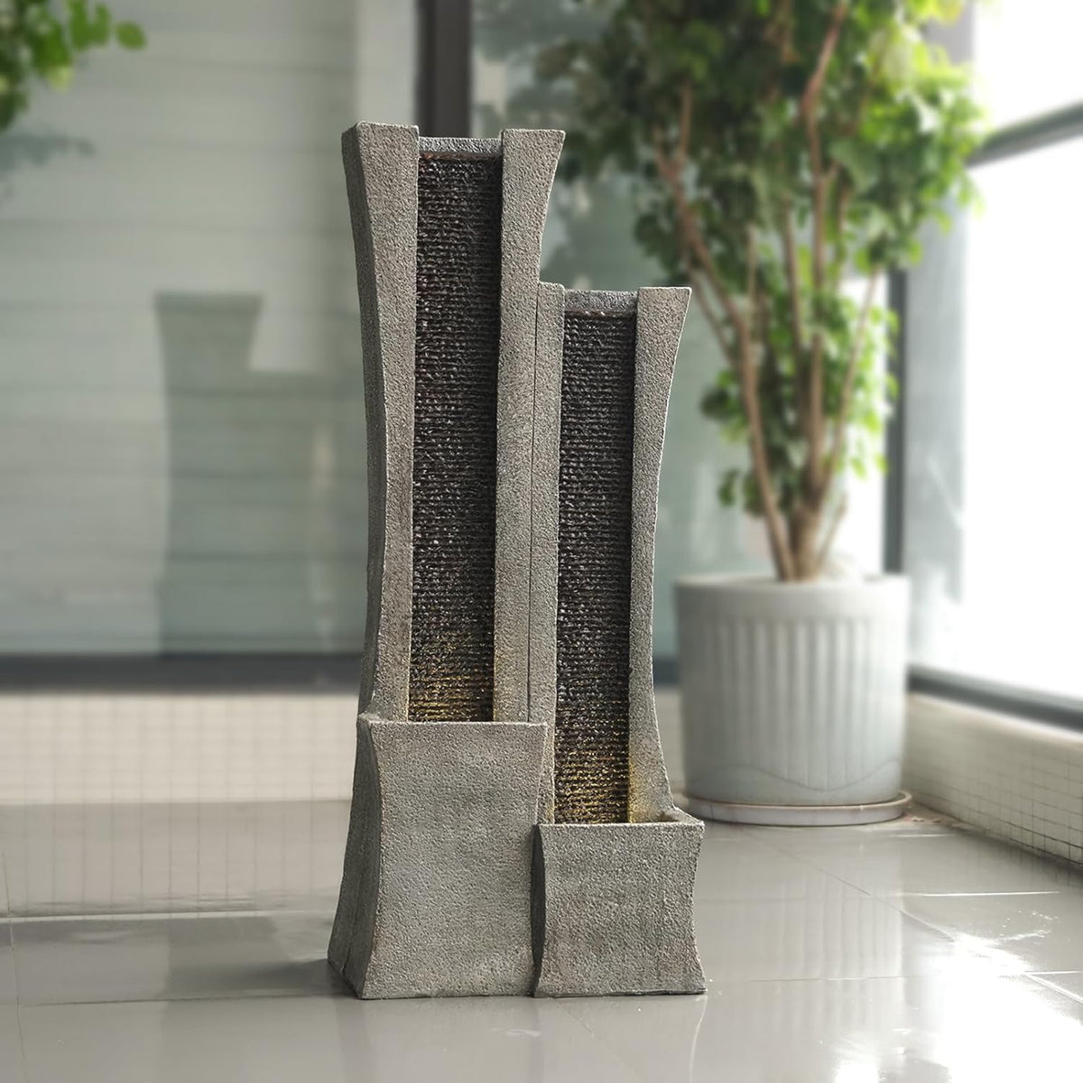 2-Curved Column Floor-Standing Water Fountain with Led Lights 39.76” H S673