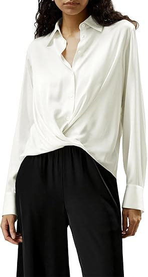 Silk Button Down Shirts Long Sleeve Twist Front Satin Blouse Tops W127753