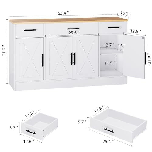 White 53.4" Wood Buffet Cabinet with 3 Drawers and 4 Doors Z246