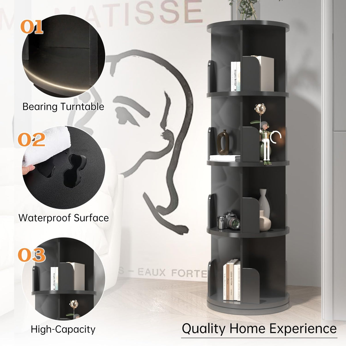 Black 4 Tier Rotating Wood Bookshelf Z988
