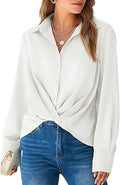 Silk Button Down Shirts Long Sleeve Twist Front Satin Blouse Tops W127753