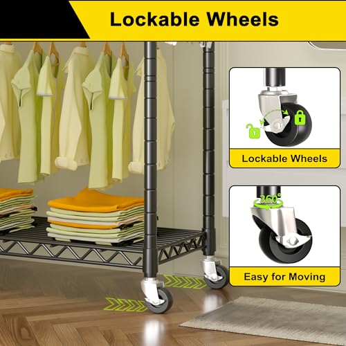 Black Heavy Duty Rolling Garment Rack with Double Rods & Hooks N82819
