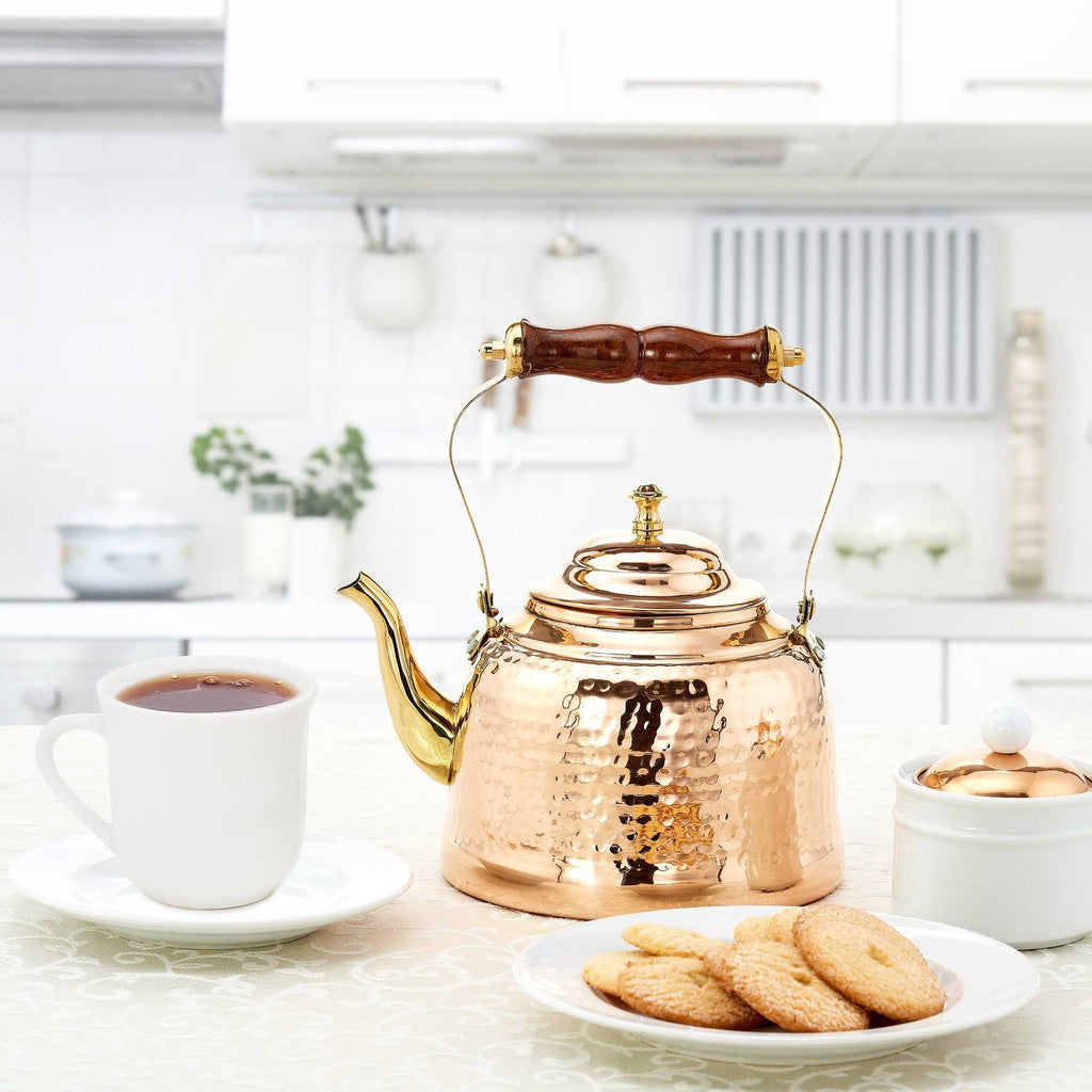 Hammered Copper Tea Kettle with Brass Spout and Wooden Handle 2 qt X66673