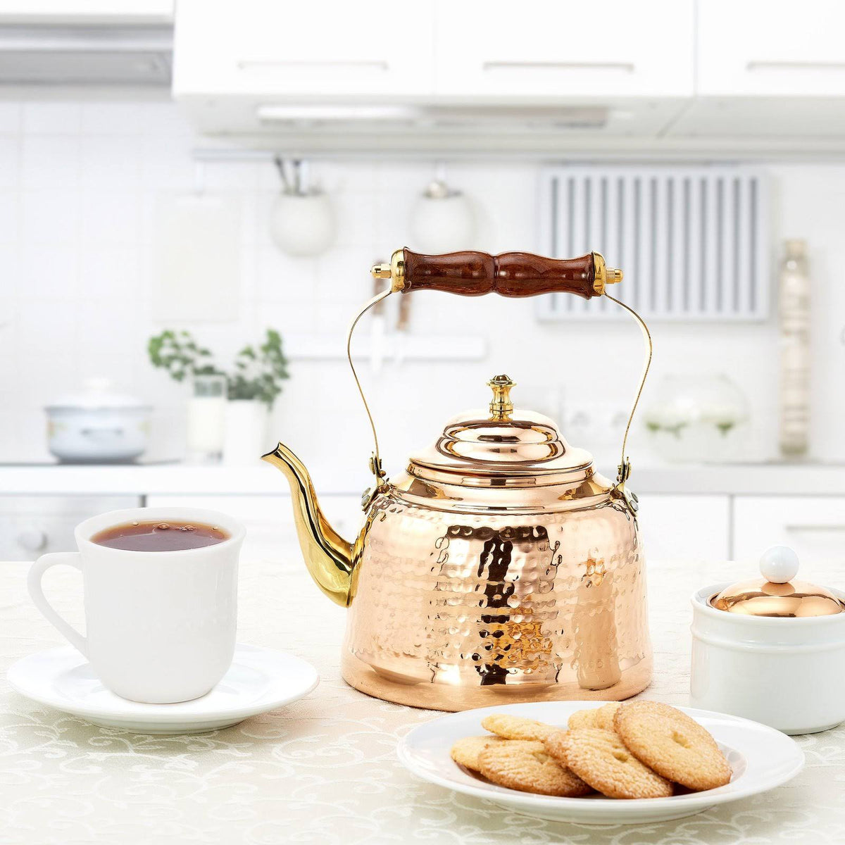 Hammered Copper Tea Kettle with Brass Spout and Wooden Handle 2 qt X66673