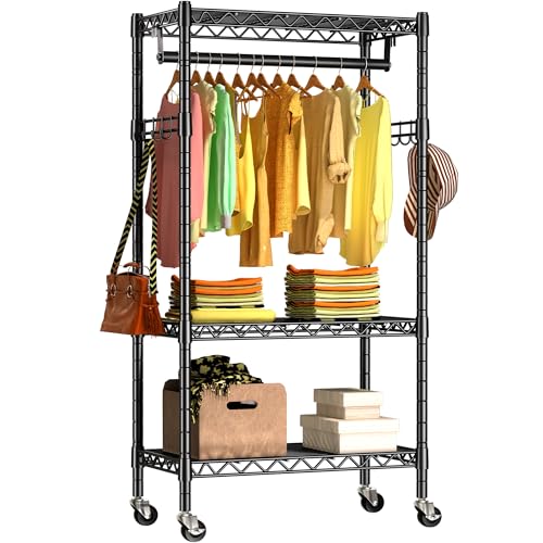 Black Heavy Duty Rolling Garment Rack with Double Rods & Hooks N82819