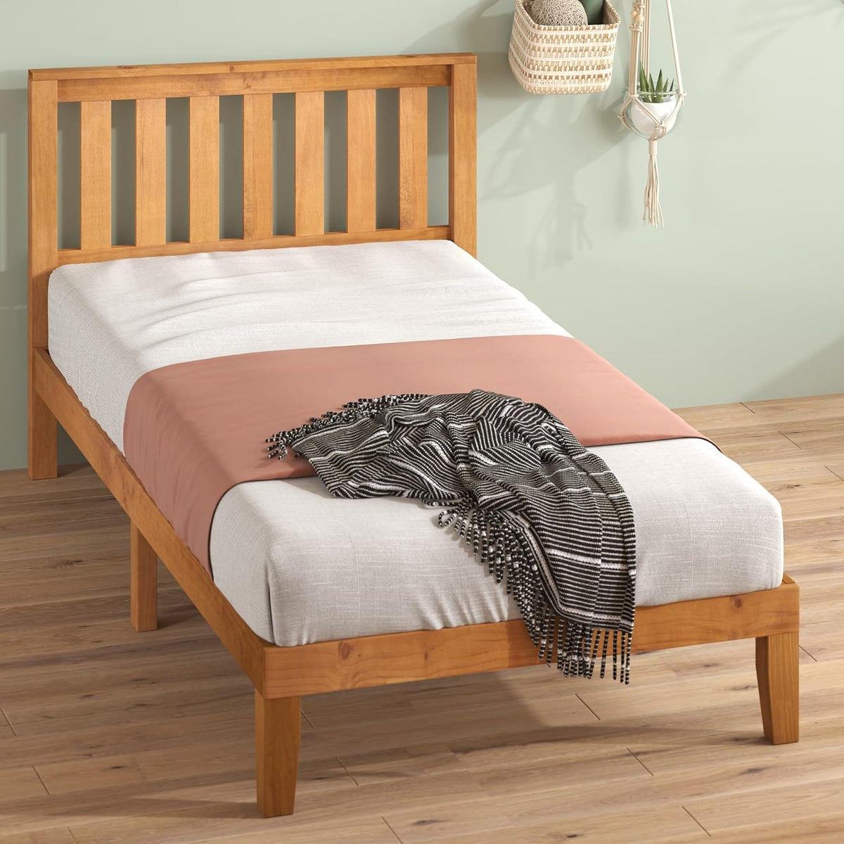 Rustic Pine Twin Wood Platform Bed Frame with Headboard D1994