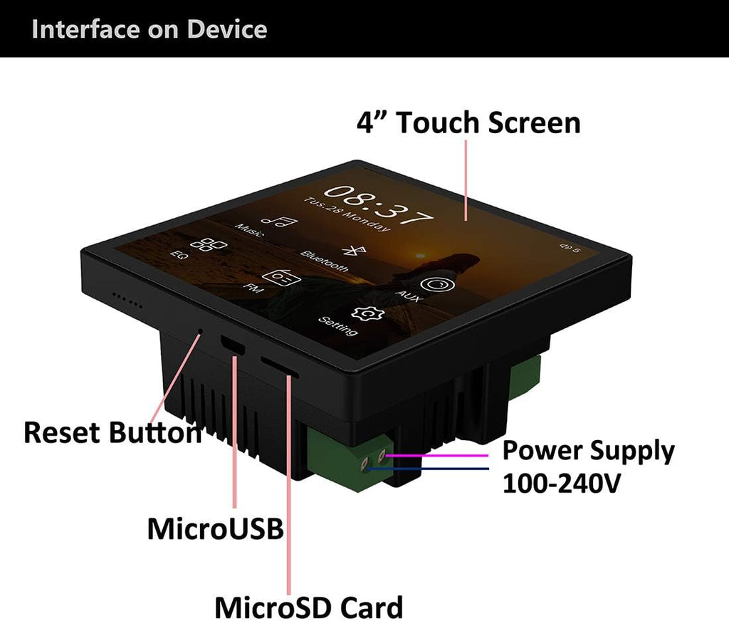 Black Wall Mount Bluetooth Receiver Stereo Audio Amplifier with Touch Screen G646