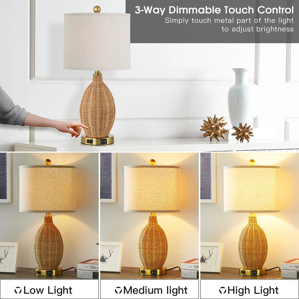 Brown Rattan Table Lamps Set of 2 with USB Port E137