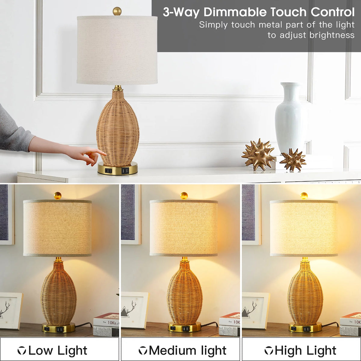 Brown Rattan Table Lamps Set of 2 with USB Port E137