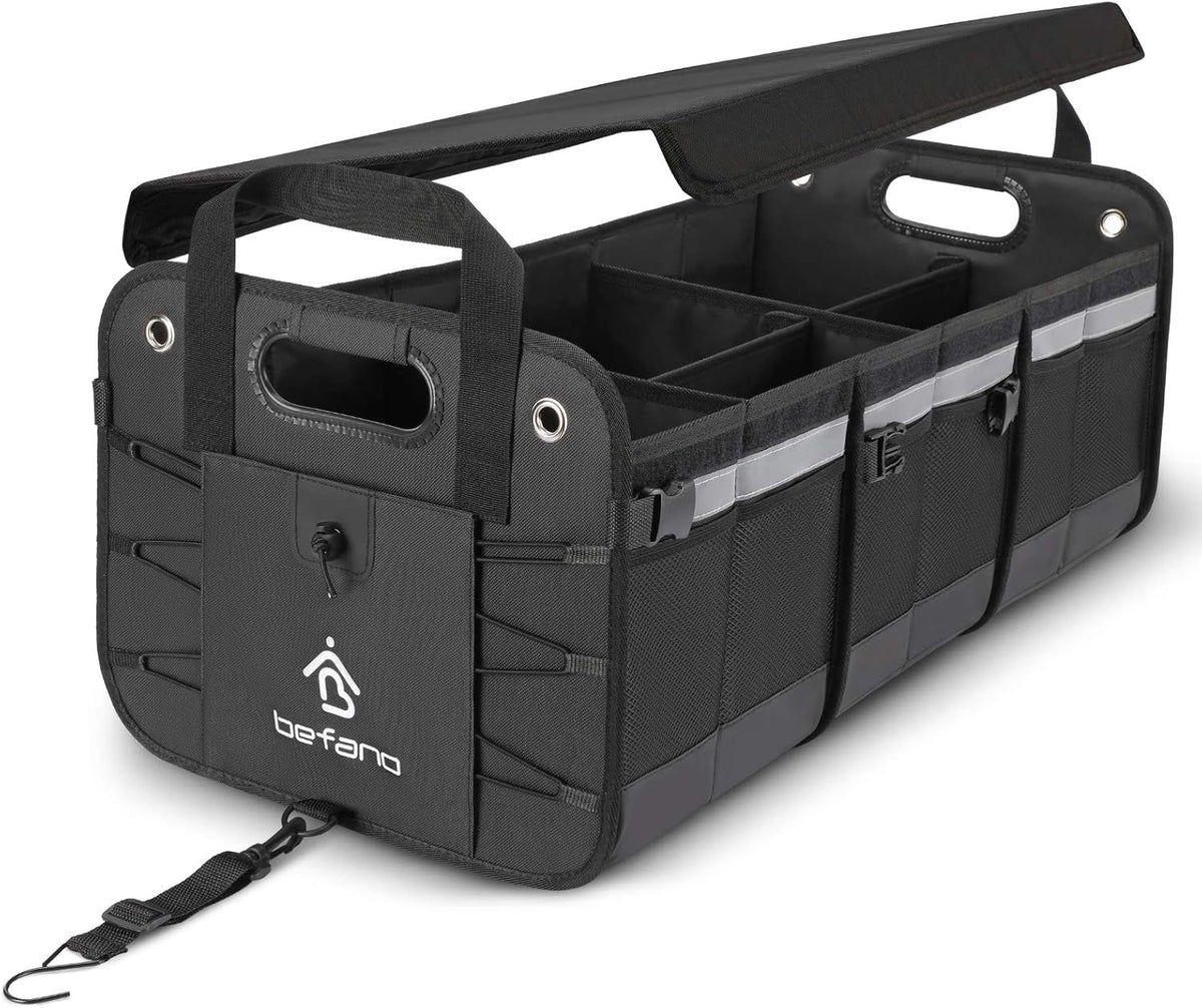 Black Foldable Car Trunk Organizer with Non-Slip Waterproof Bottom, 3 Compartments, Pack of 2 R442501