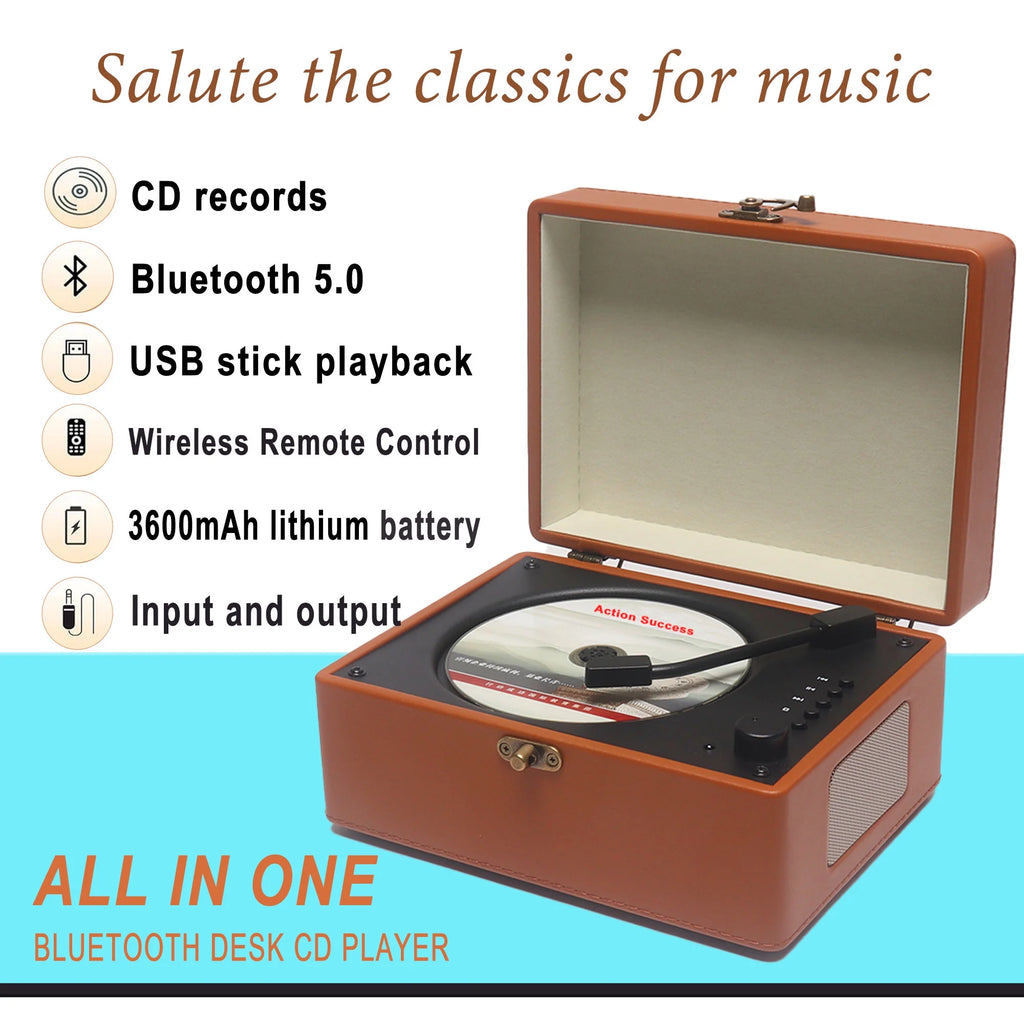 Wireless Bluetooth CD Player with Built-in Speaker and USB Playback O365
