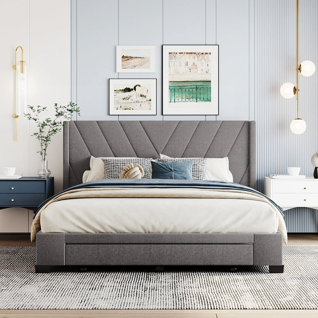 Queen Size Linen Upholstered Platform Bed with 3 Storage Drawers Z66510