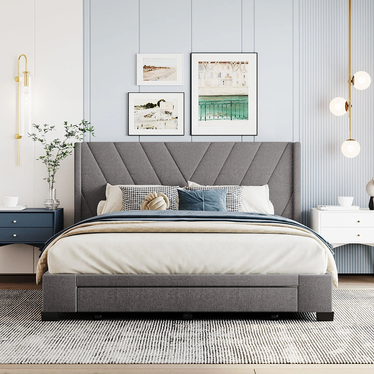 Queen Size Linen Upholstered Platform Bed with 3 Storage Drawers Z66510