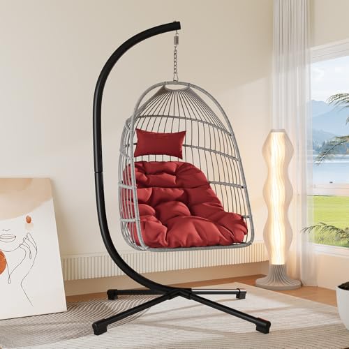 Foldable Hanging Egg Chair with Stand, HDPE Rattan and Aluminum-Steel Frame, 350 Lbs Capacity, Beige V5885