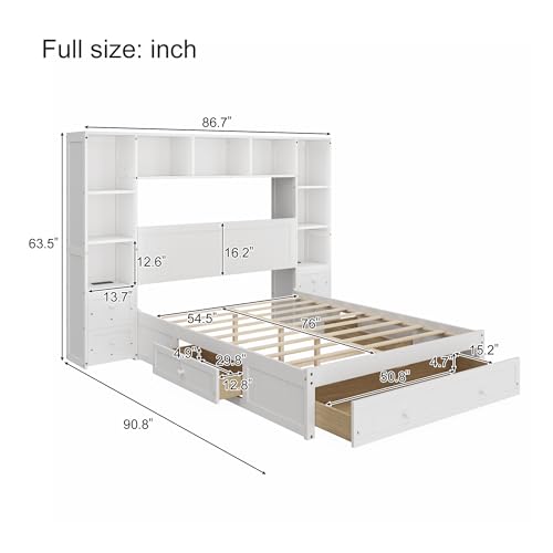 White Full Size Wood Platform Bed with Bookcase Headboard and Drawers F104152