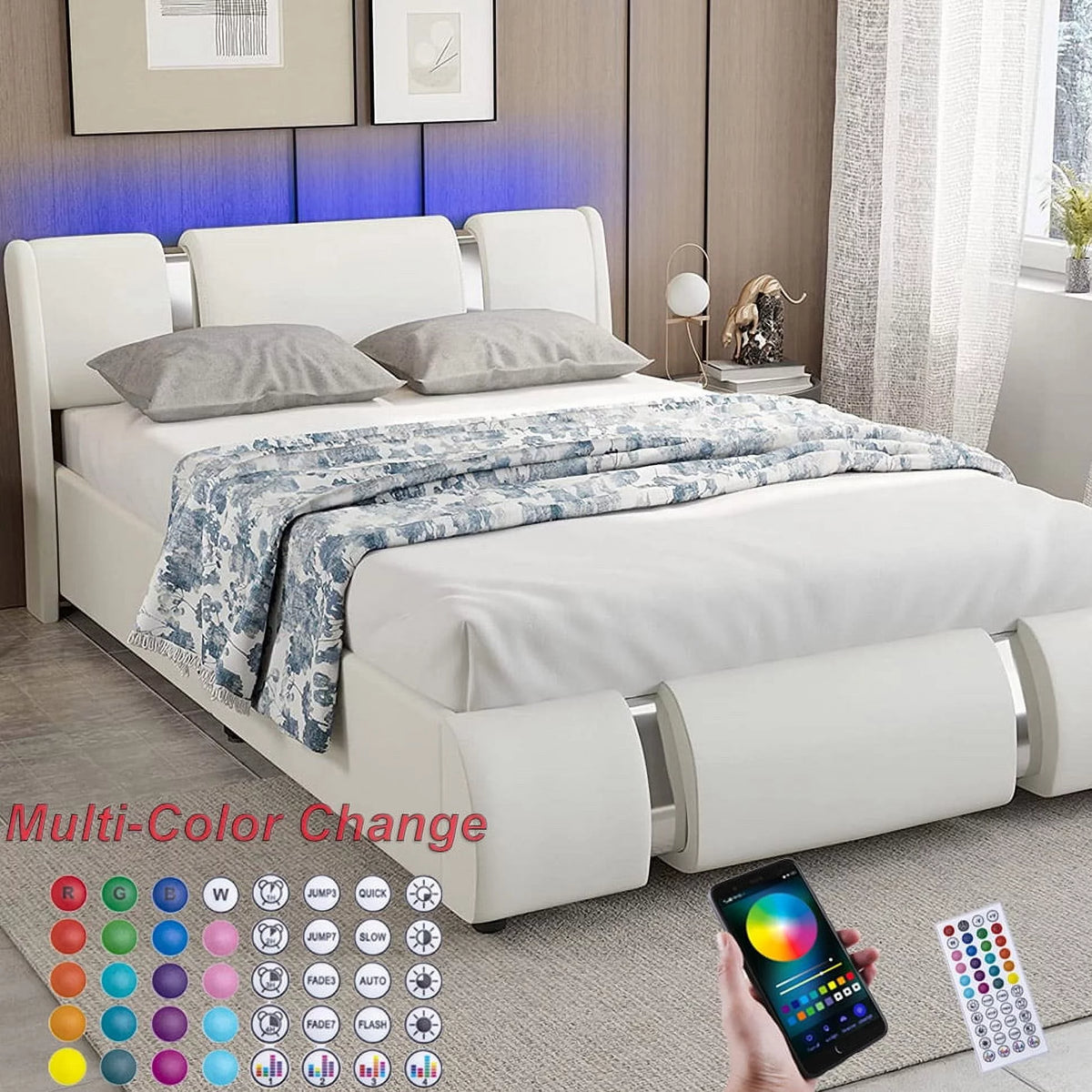 Faux Leather Full Size Platform Bed with LED Light and Adjustable Headboard A442
