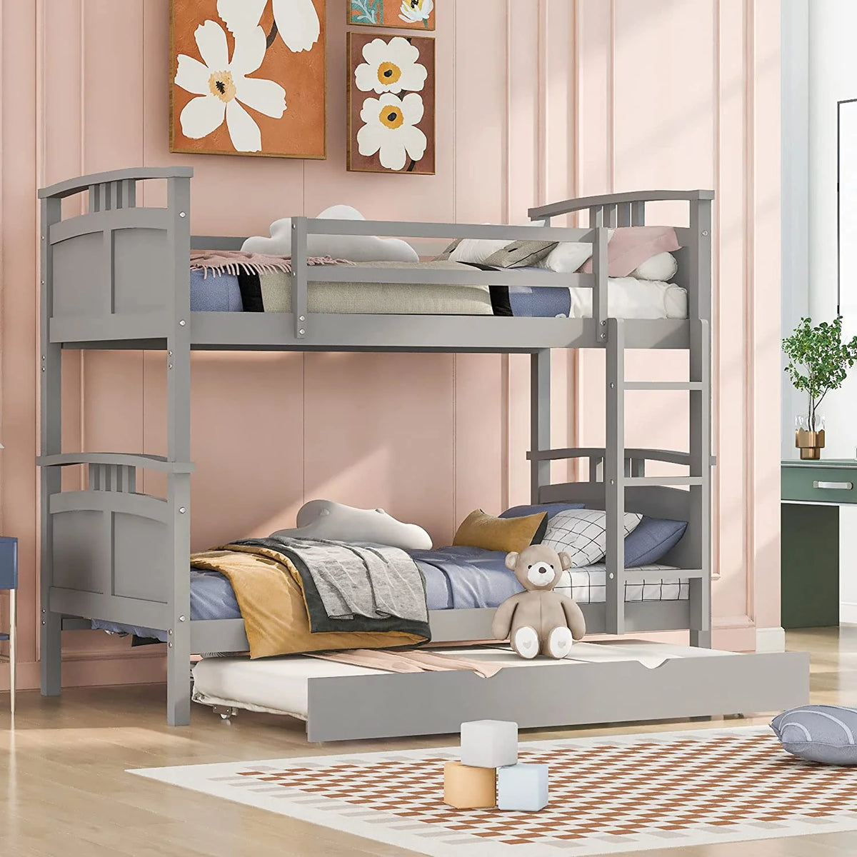Grey Wooden Bunk Bed with Trundle L612076